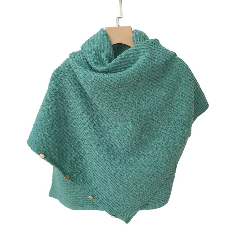 Teal Knit Poncho with Gold Button Accents. One Size fits All.